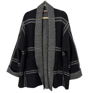 360 Sweater Blanket Cardigan Womens M Black Wool Yak Plaid Open Front Oversized